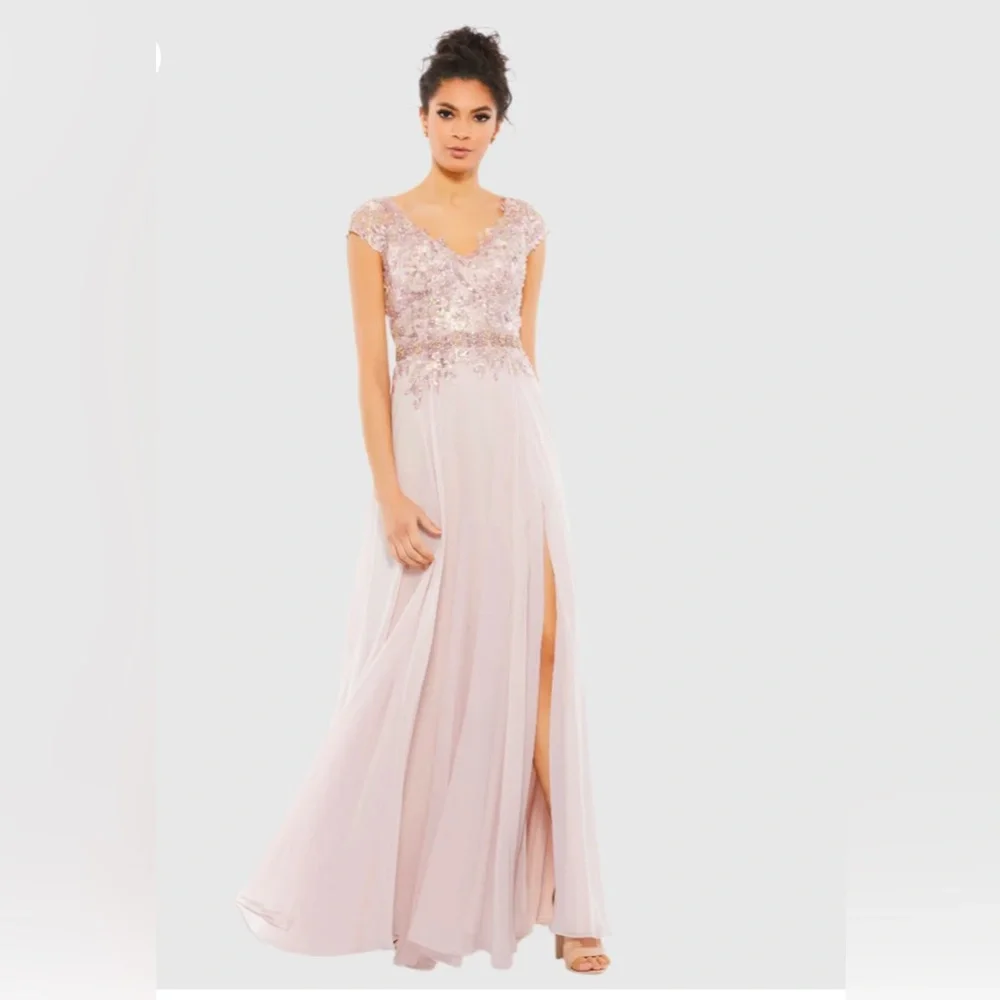 Mac Duggal Pink Embellished Cap Sleeve Bodice Flowy Gown - Picture 1 of 14